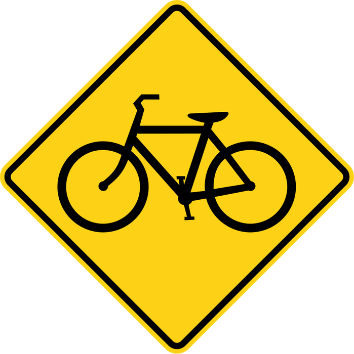 Bicycle sign: yellow diamond with a black bicycle.