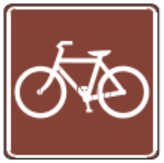 Bike Trail sign: brown square with a white bicycle.