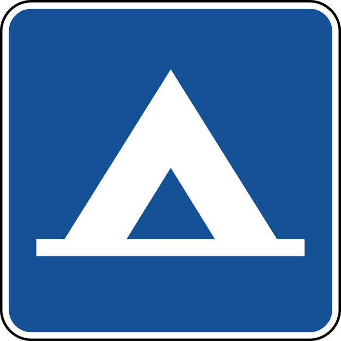 Camping Site sign: blue square with a white tent.