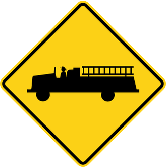 Fire Station sign: yellow diamond with a fire truck.