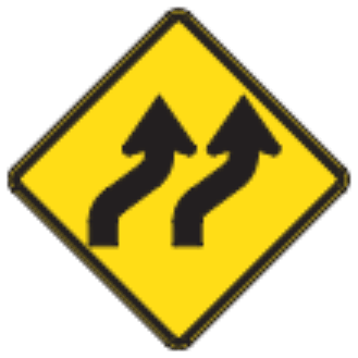 Lanes Shifting sign: yellow diamond with two arrows that jog to the right side by side.