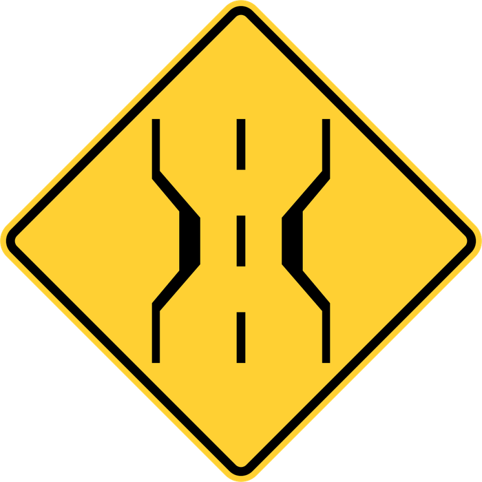 Narrow Bridge sign: yellow diamond with two road edges that pinch inward around a center line.