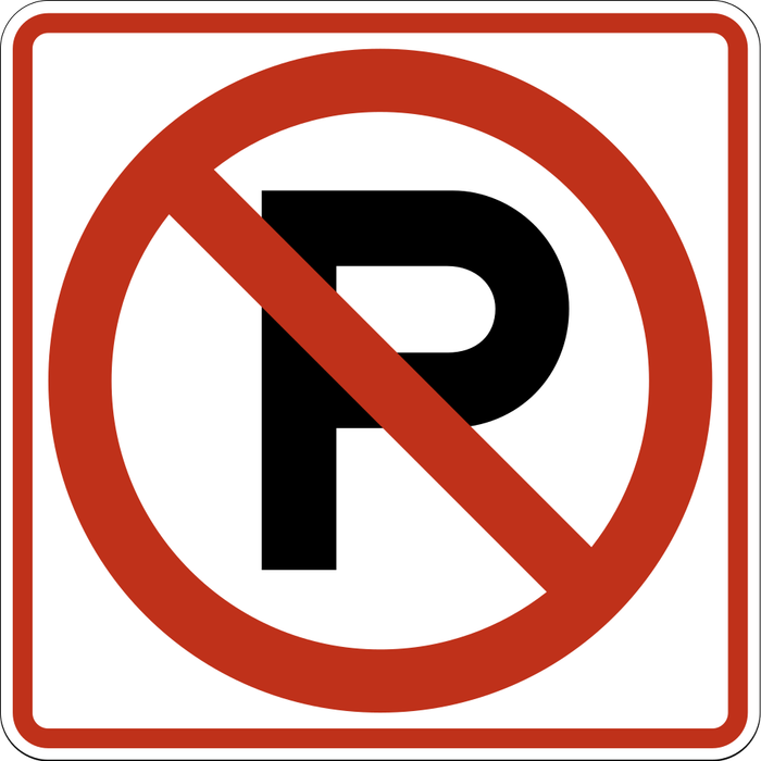 No Parking sign: white square with a black P inside a red circle with a slash.