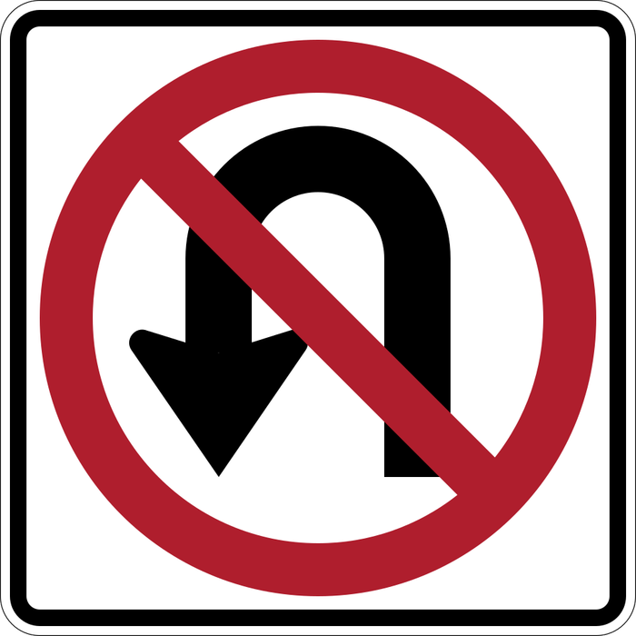 No U-Turn sign: white square with a black U-shaped arrow inside a red circle with a slash.