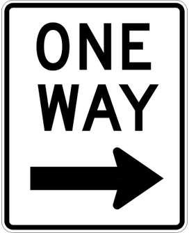One Way sign: white rectangle with the words ONE WAY above a black arrow.