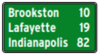 Posted Distances sign: green rectangle listing towns with the miles to each (Brookston 10, Lafayette 19, Indianapolis 82).