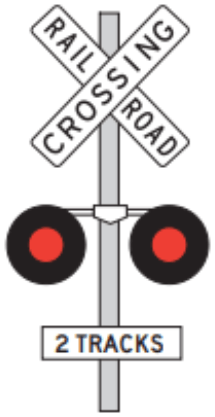 Railroad Crossing sign: white X-shaped crossbuck reading RAILROAD CROSSING, with two red lights and a 2 TRACKS plaque on a post.