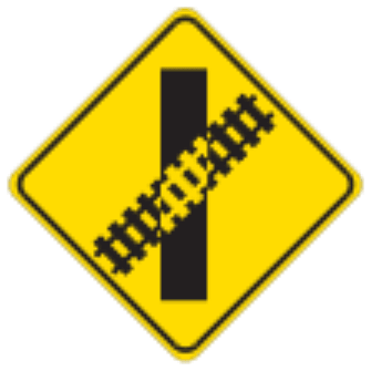 Railroad Crossing sign: yellow diamond with railroad tracks crossing the road at an angle.