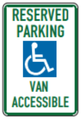 Reserved Parking Van Accessible sign: white rectangle with green RESERVED PARKING lettering, a blue wheelchair symbol and the words VAN ACCESSIBLE.