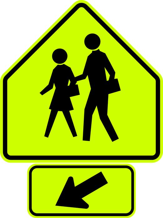 School Crossing sign: fluorescent yellow-green five-sided sign with two children walking, above a plaque with a downward-pointing arrow.