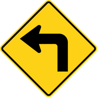 Sharp Turn Slow Down sign: yellow diamond with an arrow that turns sharply to the left.