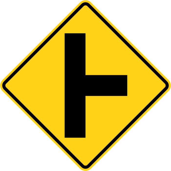 Side Road sign: yellow diamond with a vertical line and a shorter line joining it from the right.