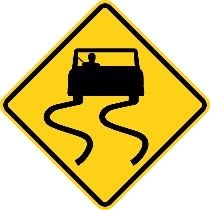 Slippery When Wet sign: yellow diamond with a car and wavy skid marks behind it.