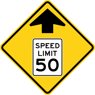 Speed Limit Ahead sign: yellow diamond with an arrow above a small white SPEED LIMIT 50 sign.