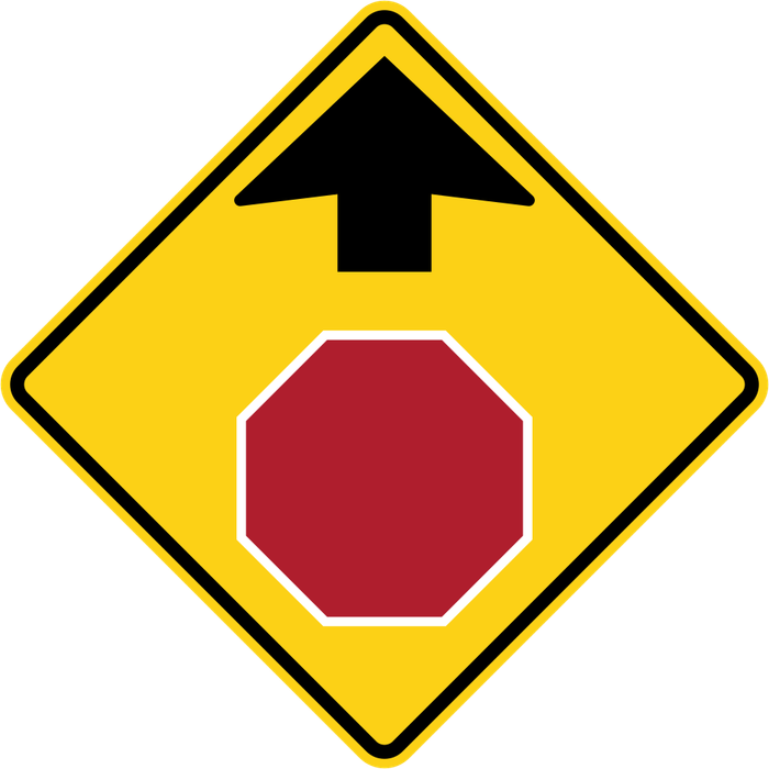 Stop Ahead sign: yellow diamond with a red eight-sided stop sign shape below an arrow.