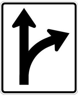 Turn Right or Go Through sign: white rectangle with an arrow pointing straight up and one curving right from it.