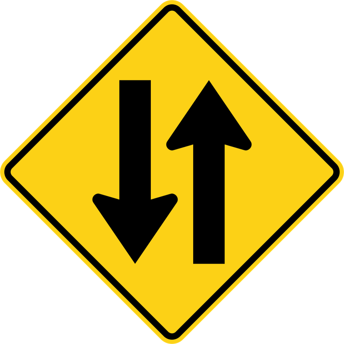 Two-Way Traffic sign: yellow diamond with one arrow pointing up and one pointing down.