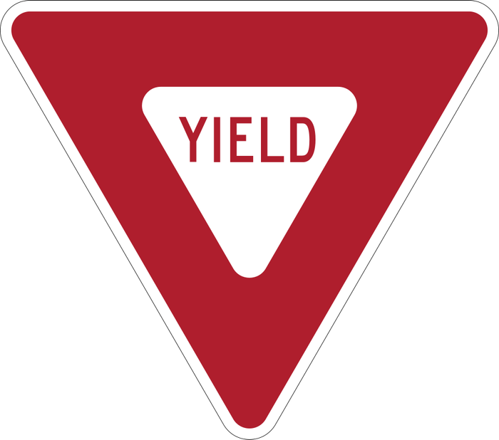 Yield sign: red and white triangle, point down, with the word YIELD.